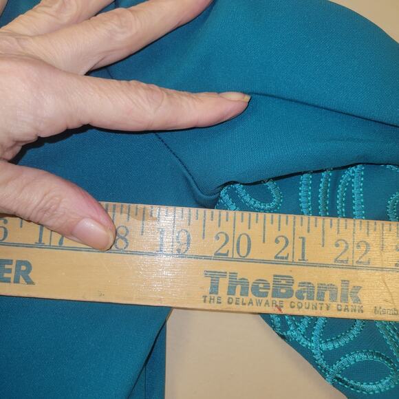 Bob Mackie Floral Embroidered Art To Wear Shift Dress Teal Blue Stretch Size L - Picture 8 of 8